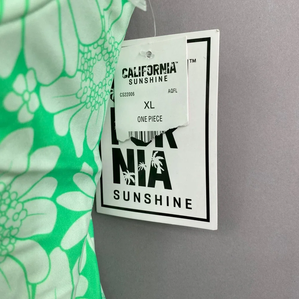 California Sunshine Womens Floral One Piece Swimsuit Lime Green White XL CS22006